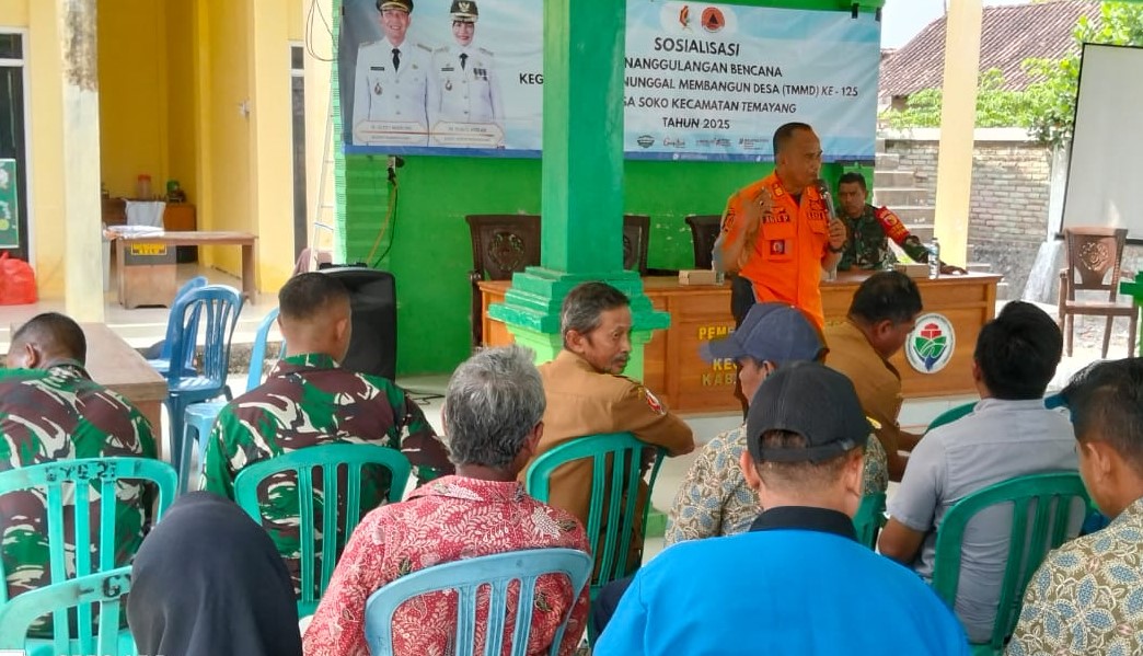 TNI dan BPBD Bojonegoro Gelar Sosialisasi Penanggulangan Bencana Pada TMMD 125 Bojonegoro, Di Desa Soko, Temayang