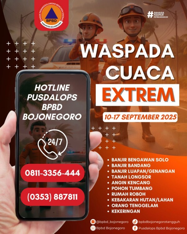 BPBD Bojonegoro Himbau Masyarakat Agar Waspada Dampak Cuaca Ekstrim Saat Beraktifitas di Luar Rumah