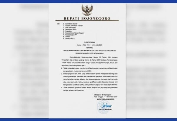 Bupati Bojonegoro H. Setyo Wahono Terbitkan Surat Edaran Untuk Cegah Korupsi
