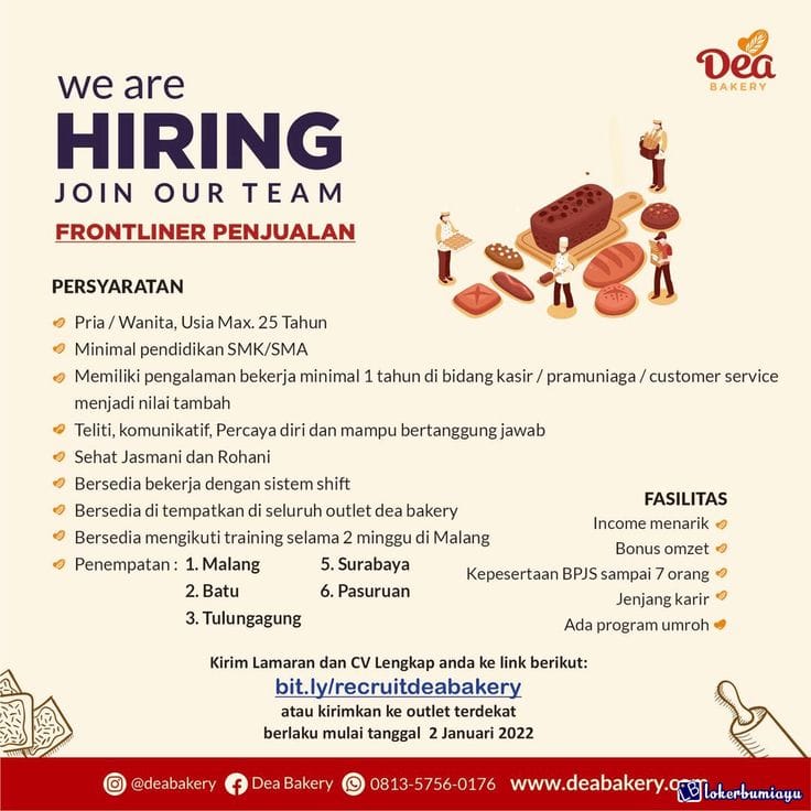Dea Bakery: Lowongan Kerja Terbaru untuk Cake Maker dan Frontliner Penjualan di Jawa Timur