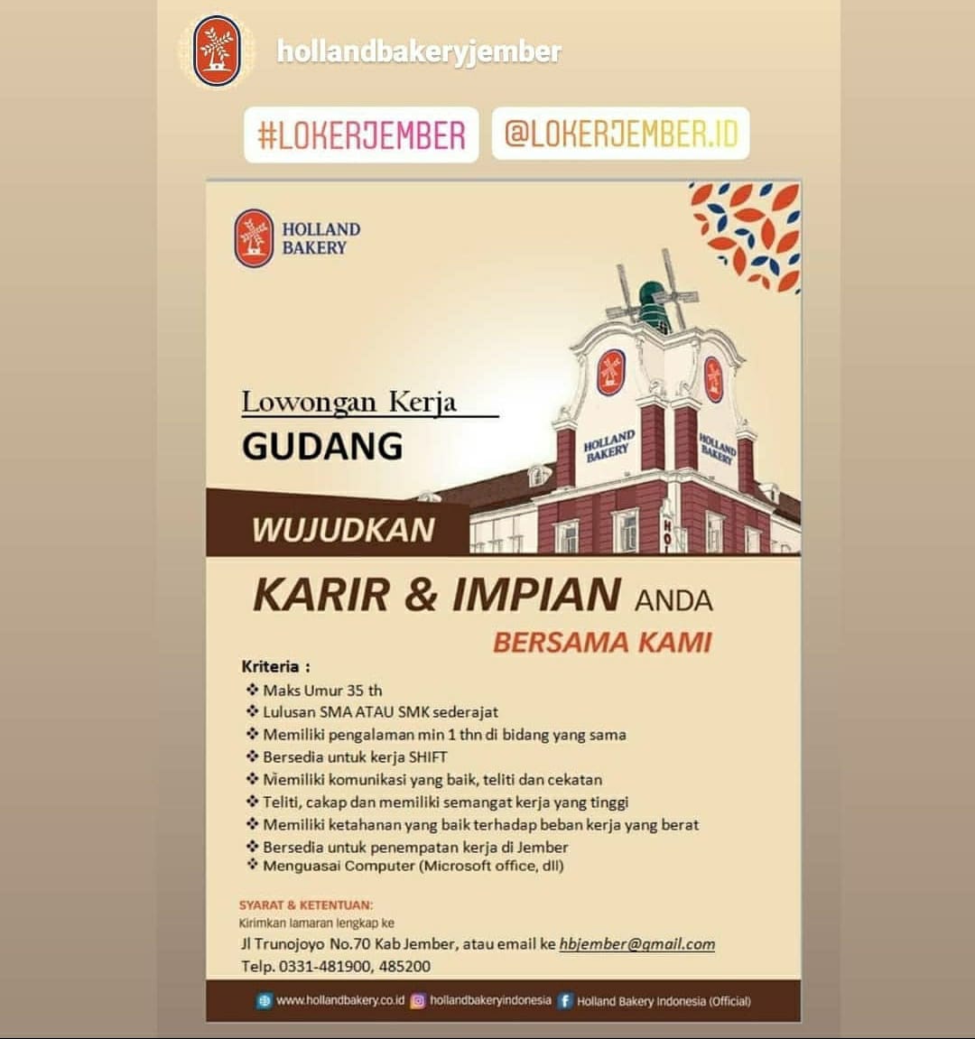 Holland Bakery Malang Buka Lowongan Staff Administrasi