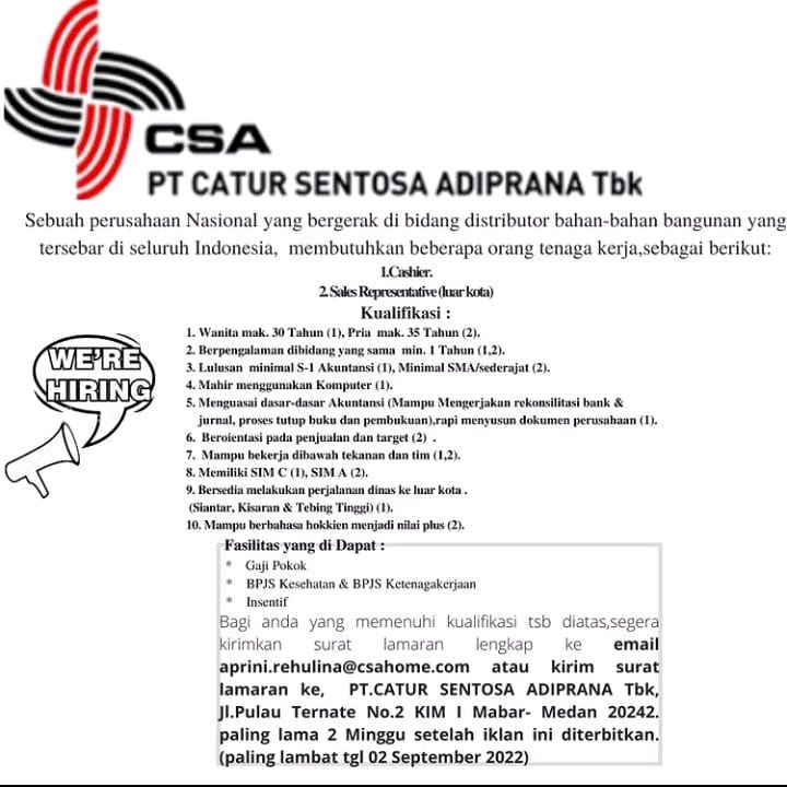 PT Catur Sentosa Adiprana Tbk Buka Lowongan Kerja Sales Representative di Jawa Timur (Bojonegoro, Kediri, Madiun)
