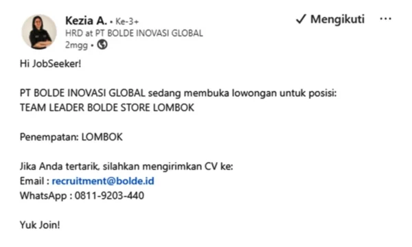 Kepala Toko (Team Leader) – Bolde Store Denpasar