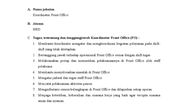 Koordinator Administrasi Front Office