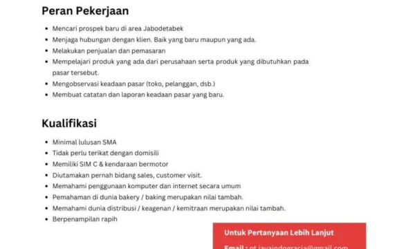 Sales Officer Leuwiliang – Wilayah Jabodetabek Selatan