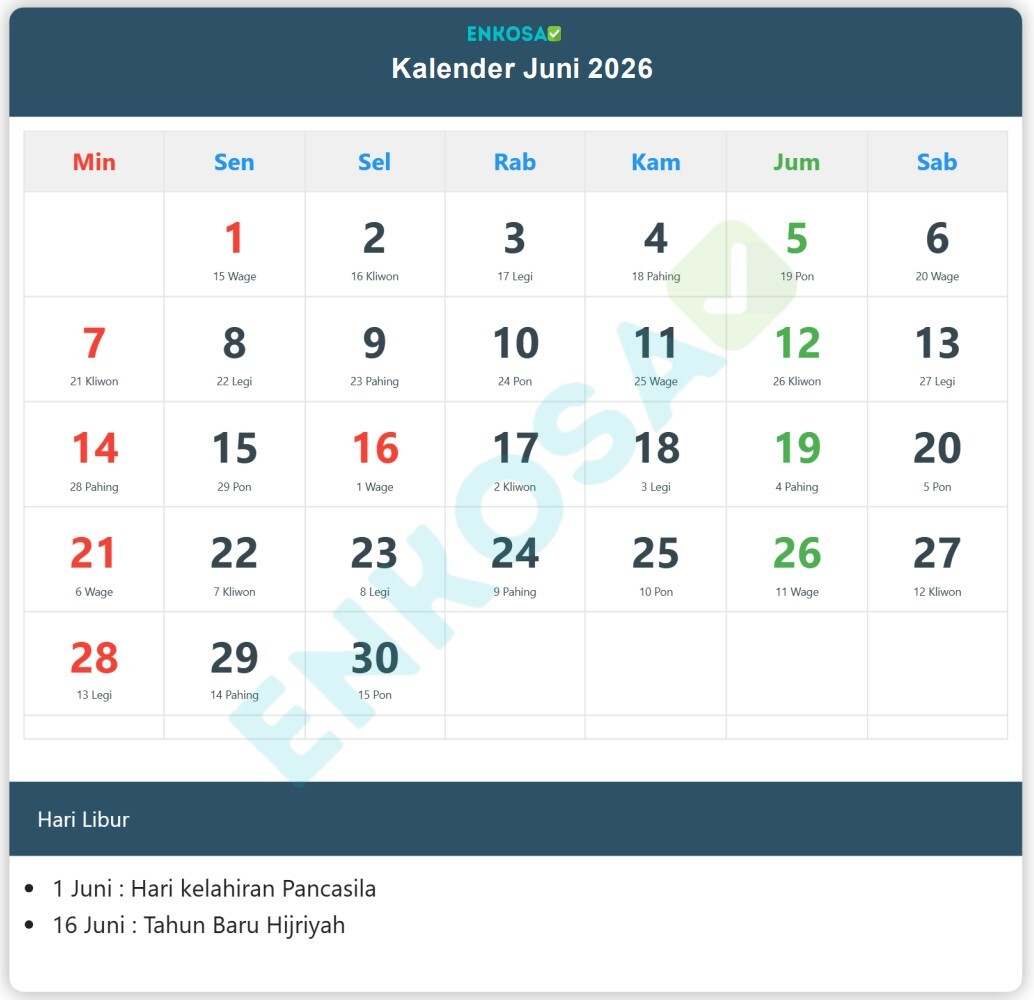 Kalender Juni 2026 Lengkap dengan Tanggal Merah Indonesia