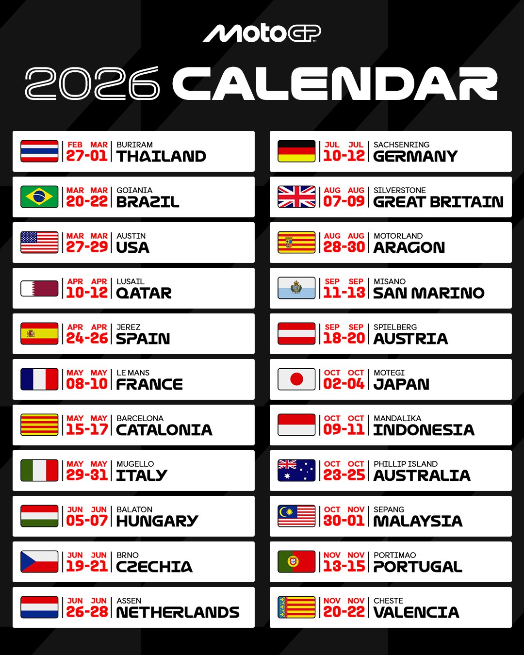 MotoGP revela el calendario de 2026 se mantiene el pleno español y MotoGP revela el calendario de 2026 se mantiene el pleno español y