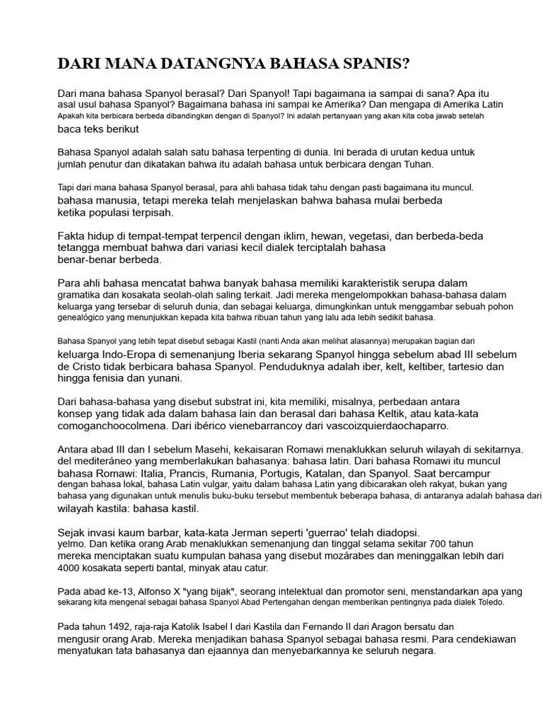 Asal Usul Bahasa Spanyol dan Perkembangannya PDF